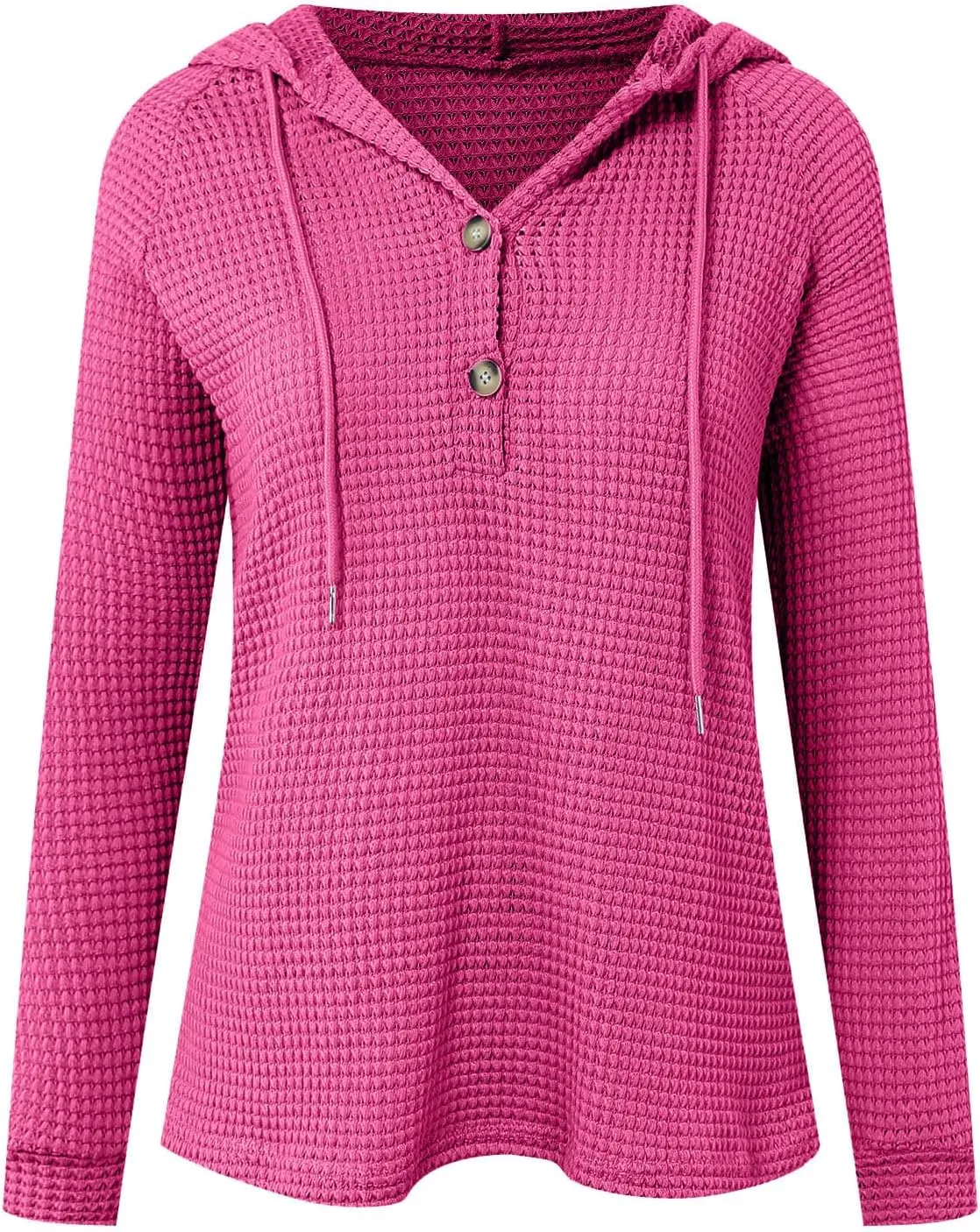 Hoodies for Women Waffle Knit Tops Drawstring Hoodie Casual Button V Neck Long Sleeve Hooded Pullover Sweatshirt