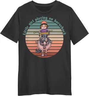 Horse Little Girl Playing On Horseback Retro Sunset T-Shirt, Funny Horse Little Girl T-Shirt Black