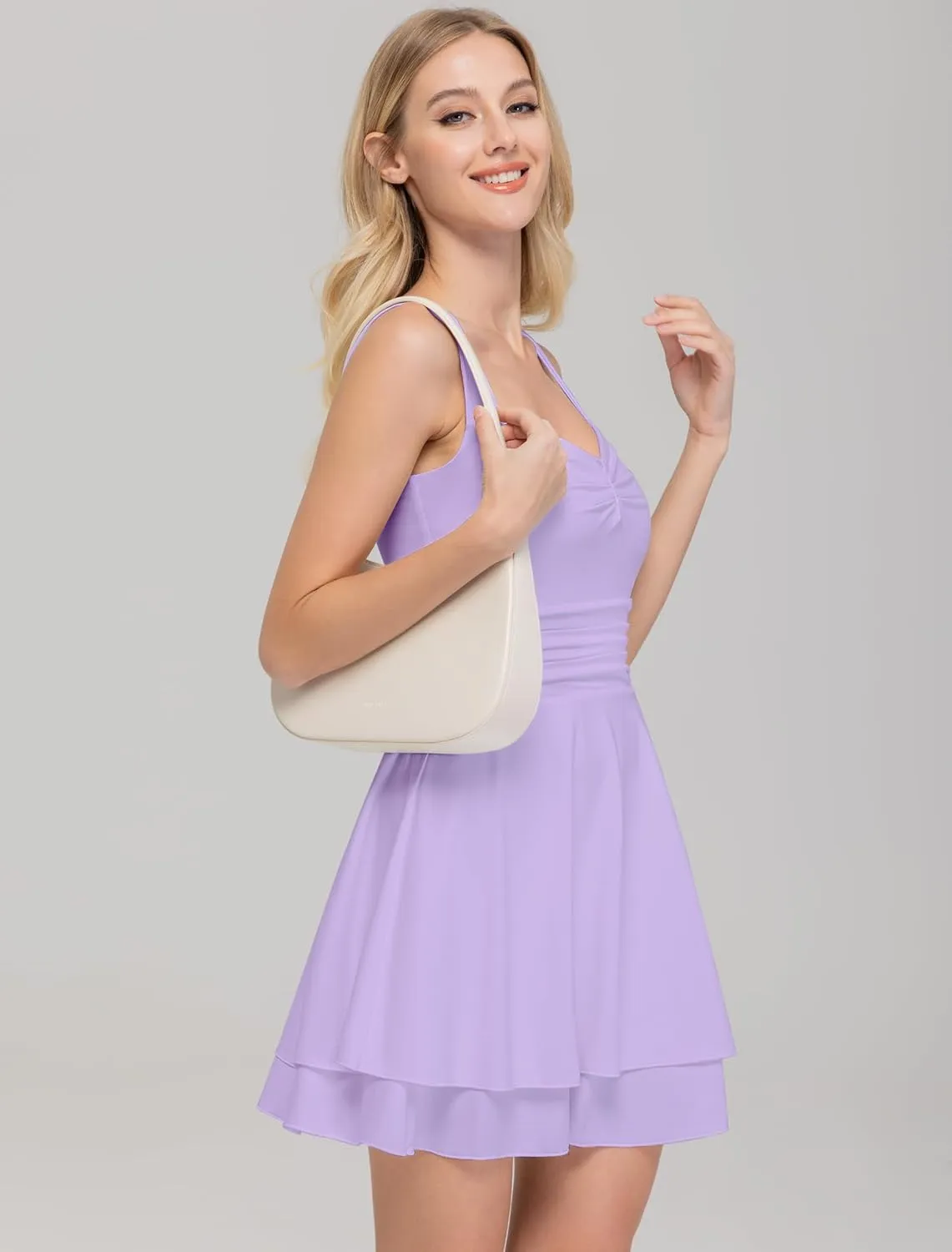 IWD Women's Square Neck Sleeveless Mini Dress Ruched Waist Tiered Ruffle Hem A Line Short Dresses