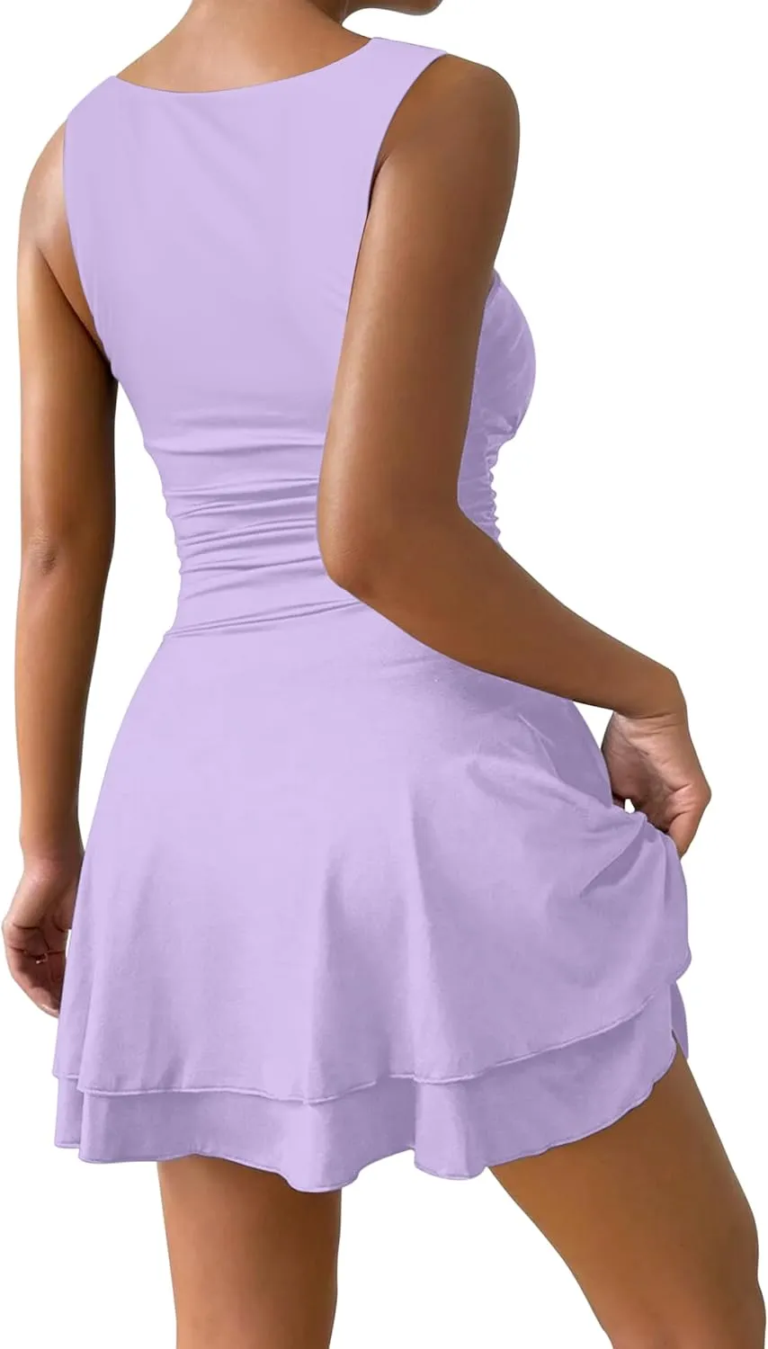 IWD Women's Square Neck Sleeveless Mini Dress Ruched Waist Tiered Ruffle Hem A Line Short Dresses