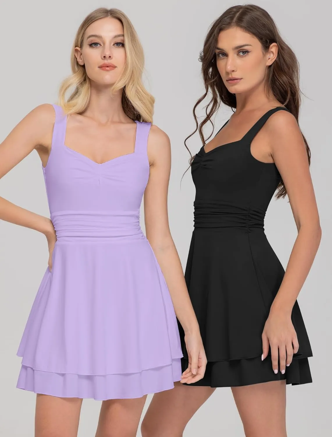 IWD Women's Square Neck Sleeveless Mini Dress Ruched Waist Tiered Ruffle Hem A Line Short Dresses