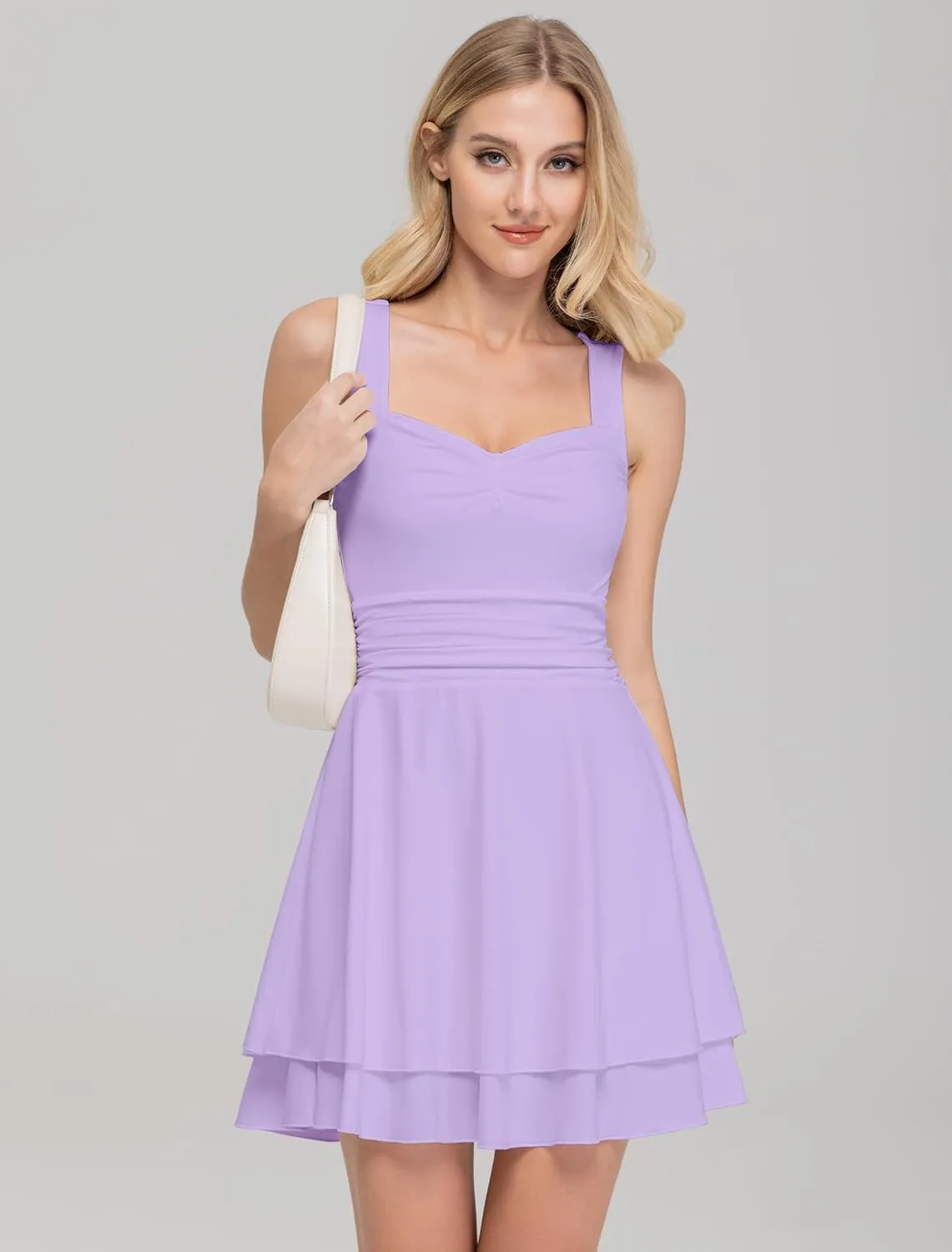 IWD Women's Square Neck Sleeveless Mini Dress Ruched Waist Tiered Ruffle Hem A Line Short Dresses