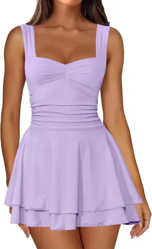 IWD Women's Square Neck Sleeveless Mini Dress Ruched Waist Tiered Ruffle Hem A Line Short Dresses