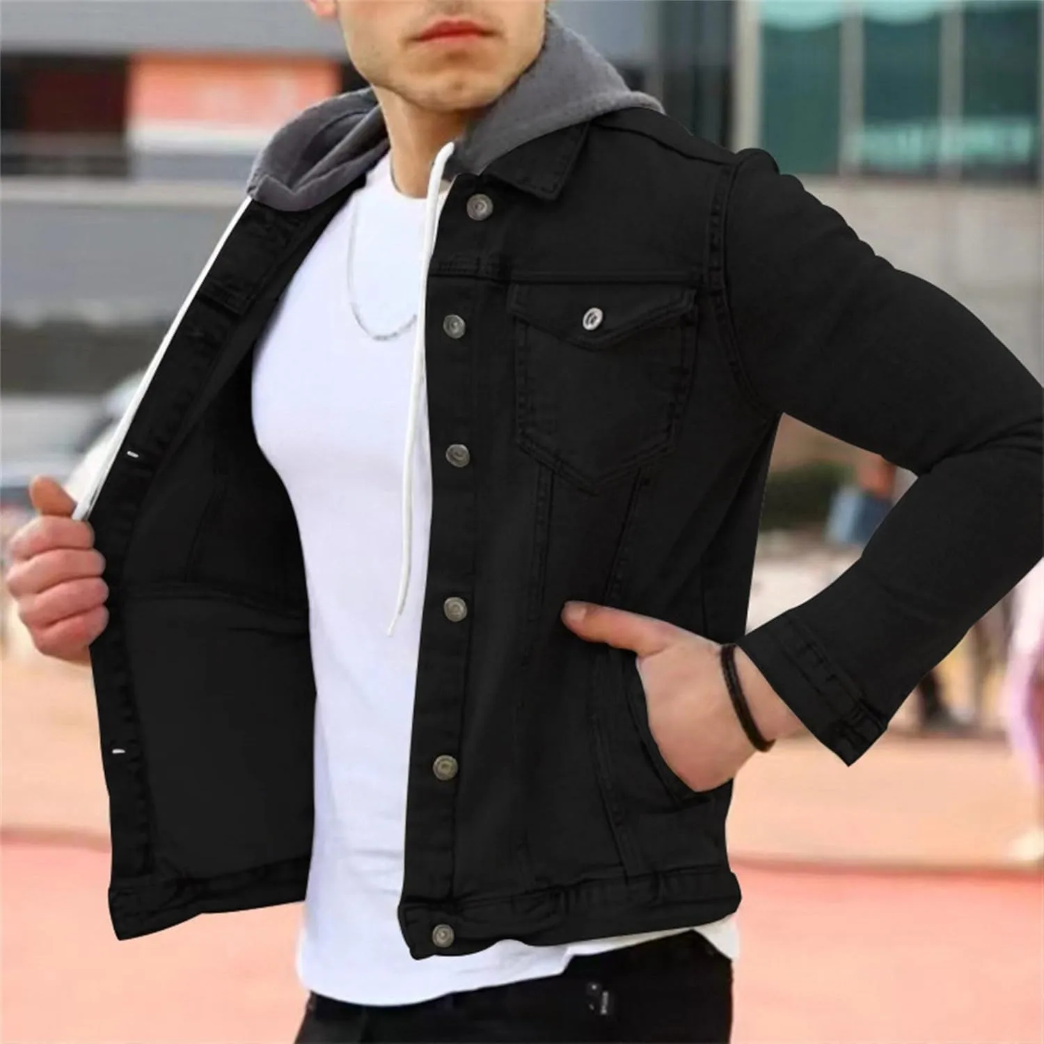 JEShifangjiusu Men'S Denim Hoodie Military Jacket Casual Slim Fit Button Down Jeans Coat Fashion Winter Denim Trucker Jacket
