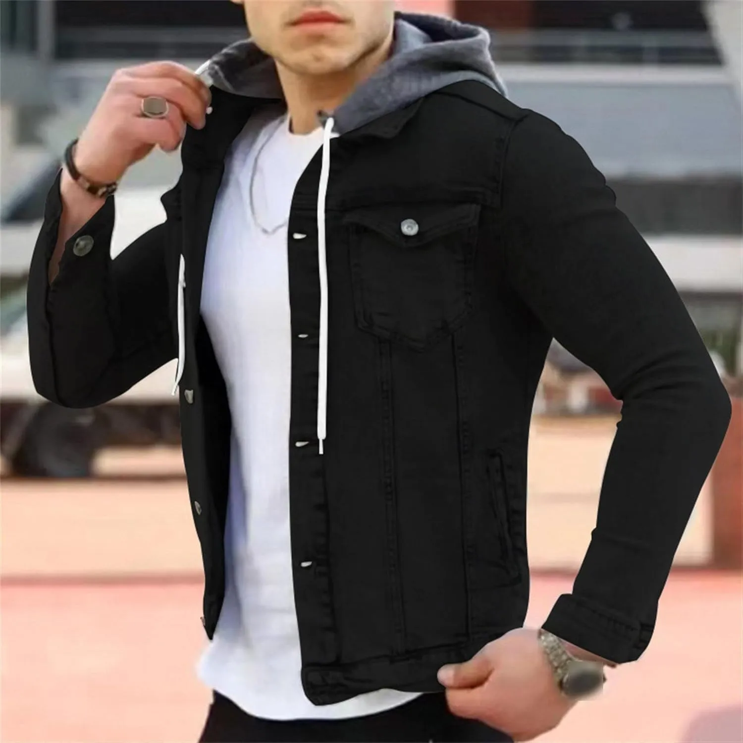 JEShifangjiusu Men'S Denim Hoodie Military Jacket Casual Slim Fit Button Down Jeans Coat Fashion Winter Denim Trucker Jacket