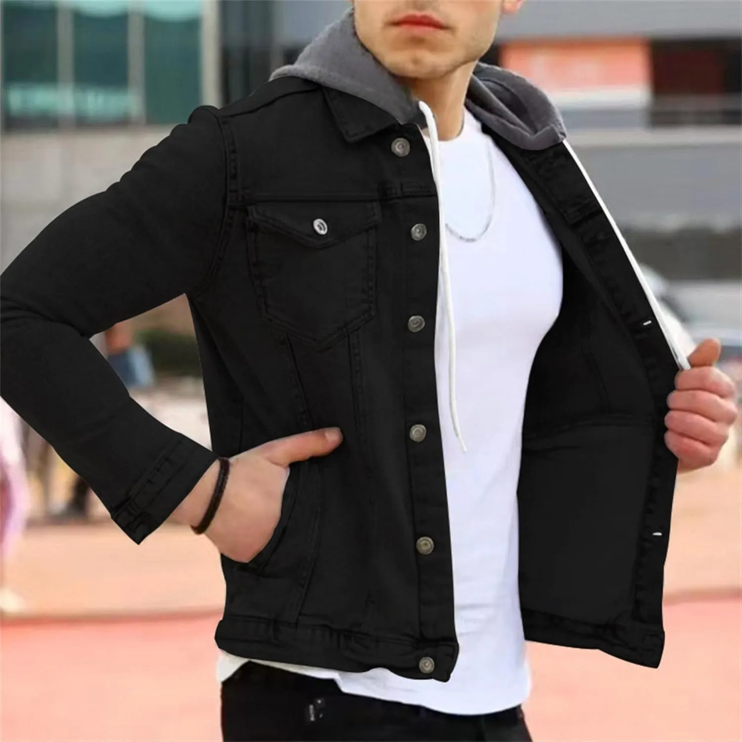 JEShifangjiusu Men'S Denim Hoodie Military Jacket Casual Slim Fit Button Down Jeans Coat Fashion Winter Denim Trucker Jacket