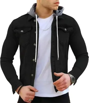 JEShifangjiusu Men'S Denim Hoodie Military Jacket Casual Slim Fit Button Down Jeans Coat Fashion Winter Denim Trucker Jacket