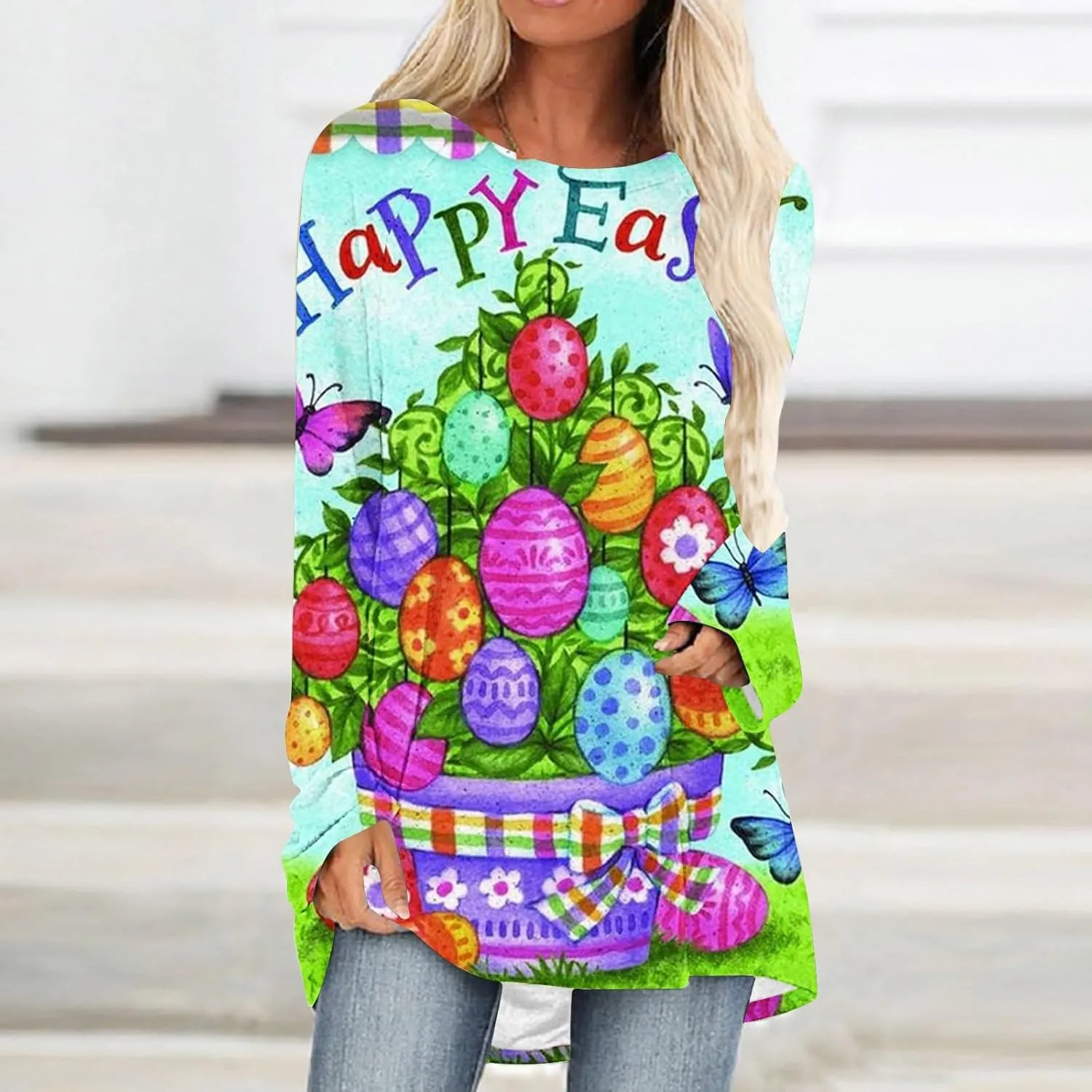 Jesus Sweatshirt Round Neck Easter Bunny Festival Happy Easter Printed Long Sleeve Loose Casual T Shirt Christian