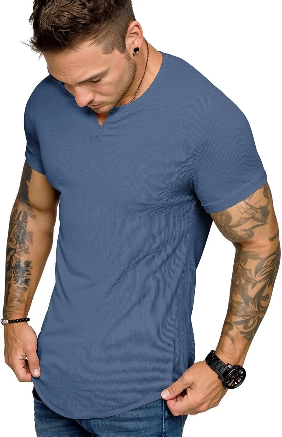 JMIERR Men's Muscle V-Neck T Shirt Short Sleeve Longline Ribbed Henley Shirt Gym Workout Athletic Tee Shirts