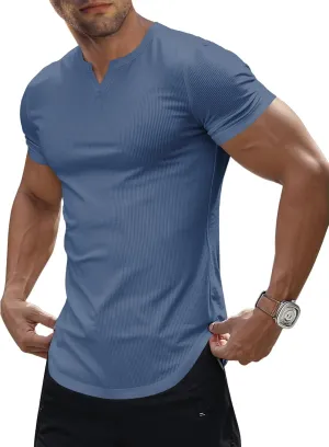 JMIERR Men's Muscle V-Neck T Shirt Short Sleeve Longline Ribbed Henley Shirt Gym Workout Athletic Tee Shirts