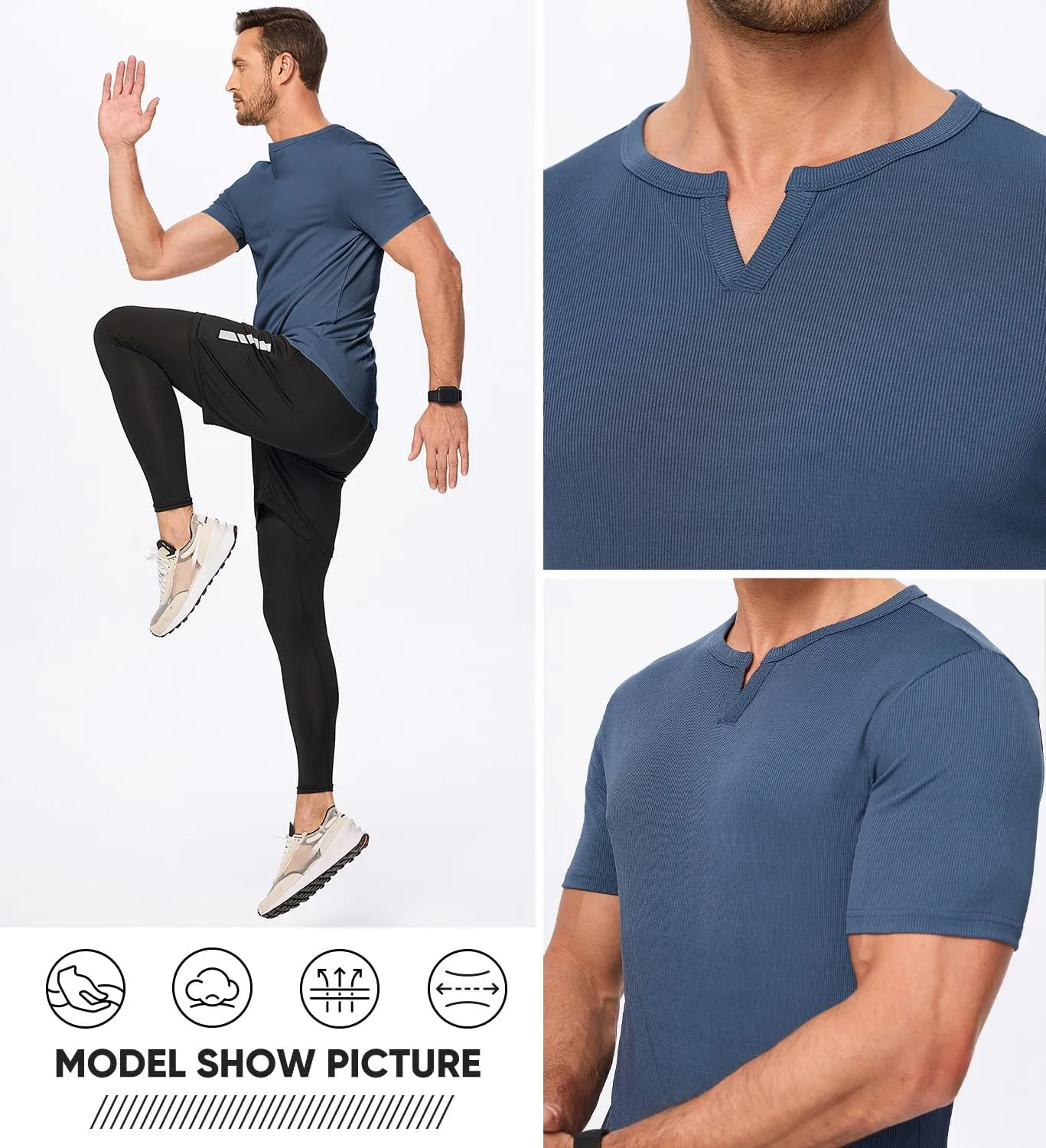JMIERR Men's Muscle V-Neck T Shirt Short Sleeve Longline Ribbed Henley Shirt Gym Workout Athletic Tee Shirts