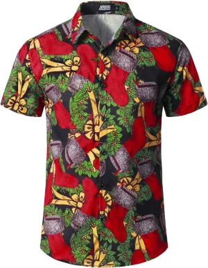 JOGAL Men's Christmas Shirt Santa Claus Party Flamingo Casual Hawaiian Shirts