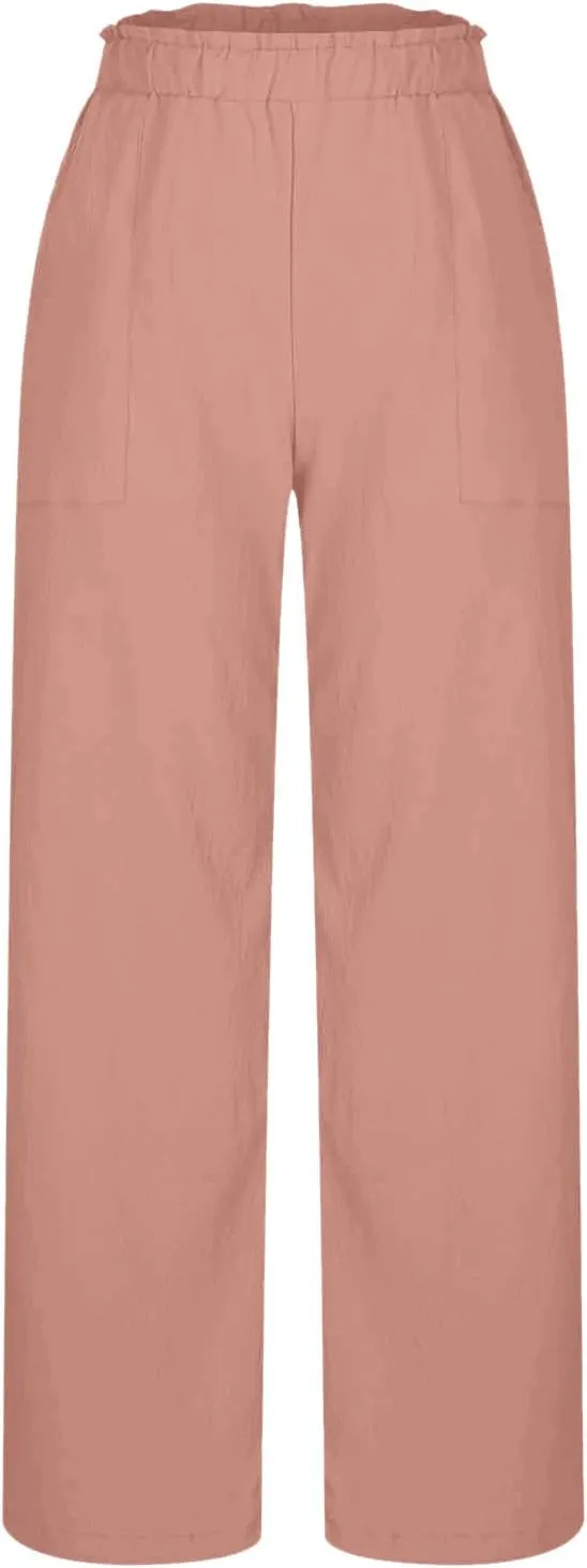 jsaierl Linen Wide Leg Pants for Women Casual Summer Smock High Waisted Palazzo Pants Boho Flowy Trousers with Pockets
