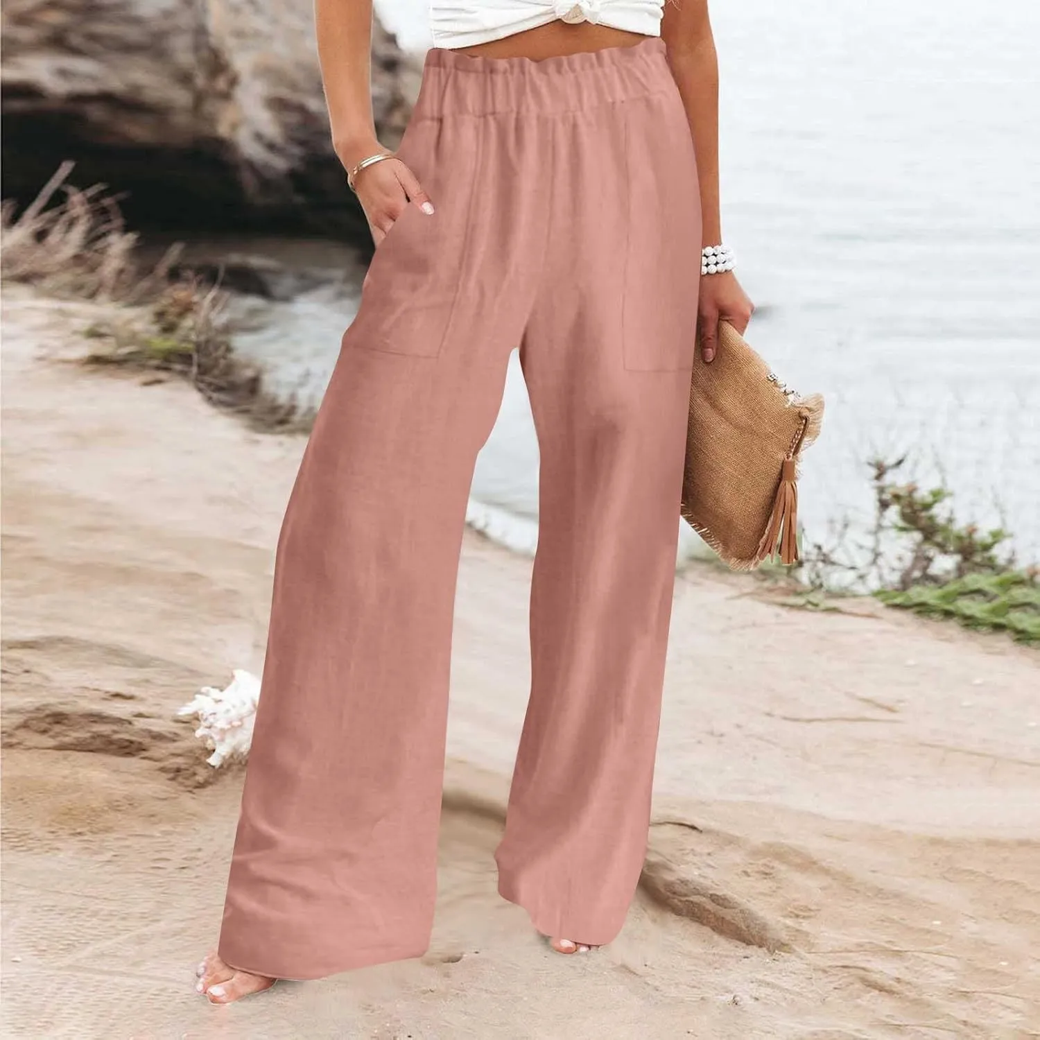 jsaierl Linen Wide Leg Pants for Women Casual Summer Smock High Waisted Palazzo Pants Boho Flowy Trousers with Pockets