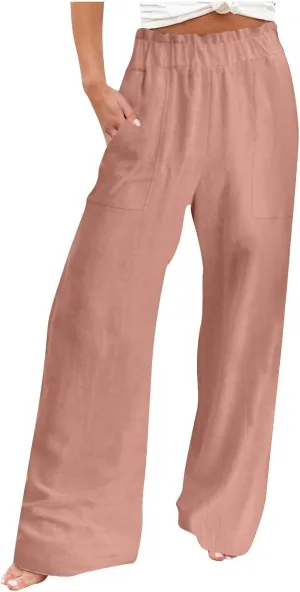 jsaierl Linen Wide Leg Pants for Women Casual Summer Smock High Waisted Palazzo Pants Boho Flowy Trousers with Pockets