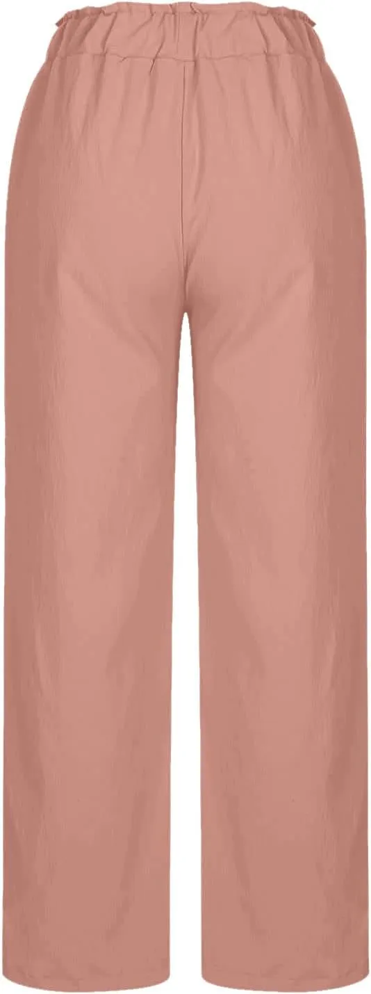 jsaierl Linen Wide Leg Pants for Women Casual Summer Smock High Waisted Palazzo Pants Boho Flowy Trousers with Pockets