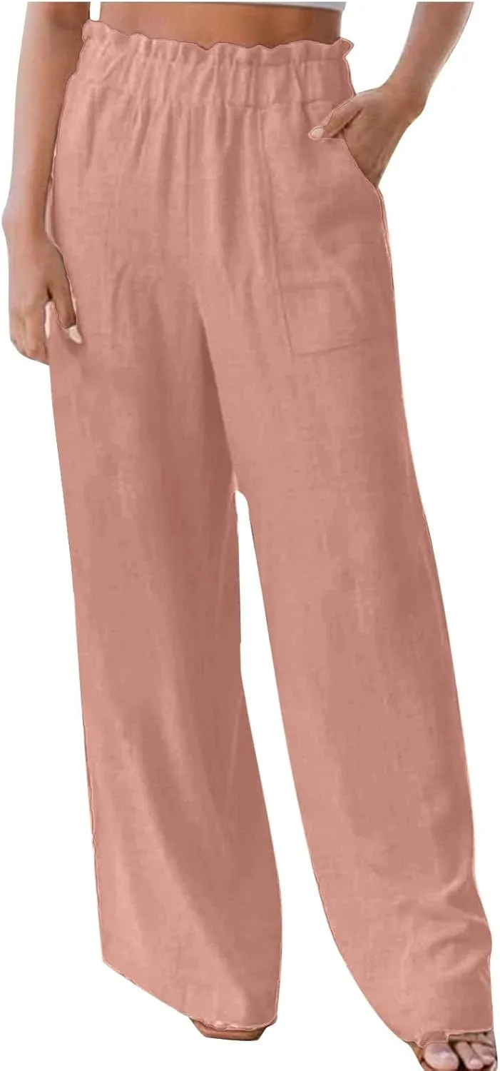 jsaierl Linen Wide Leg Pants for Women Casual Summer Smock High Waisted Palazzo Pants Boho Flowy Trousers with Pockets