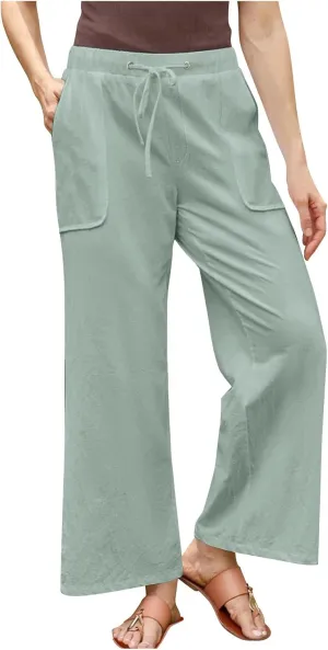 jsaierl Linen Wide Leg Pants for Women Palazzo Pants Summer Flowy Casual Trousers Loose Fit Drawstring Pants with Big Pockets