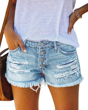 Jumppmile Womens Ripped Denim Shorts Mid Waisted Stretchy Frayed Raw Hem Denim Shorts