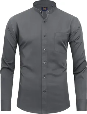 J.VER Mens Banded Collar Dress Shirts Long Sleeve Button Down Mandarin Collar Shirt Solid Stretch Shirt with Pocket