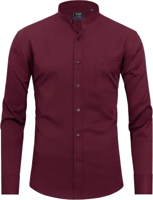 J.VER Mens Banded Collar Dress Shirts Long Sleeve Button Down Mandarin Collar Shirt Solid Stretch Shirt with Pocket