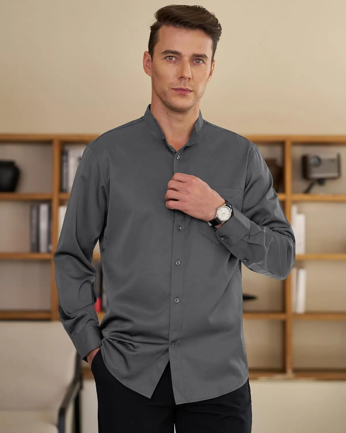 J.VER Mens Banded Collar Dress Shirts Long Sleeve Button Down Mandarin Collar Shirt Solid Stretch Shirt with Pocket