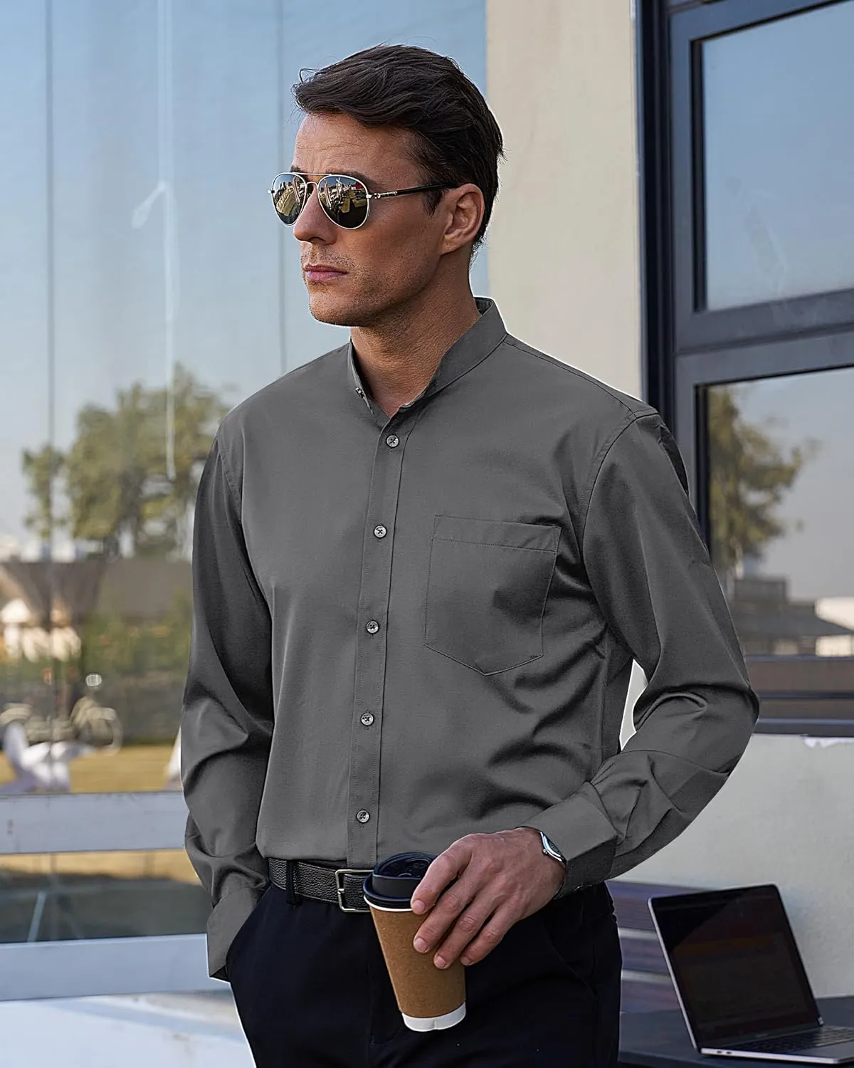 J.VER Mens Banded Collar Dress Shirts Long Sleeve Button Down Mandarin Collar Shirt Solid Stretch Shirt with Pocket