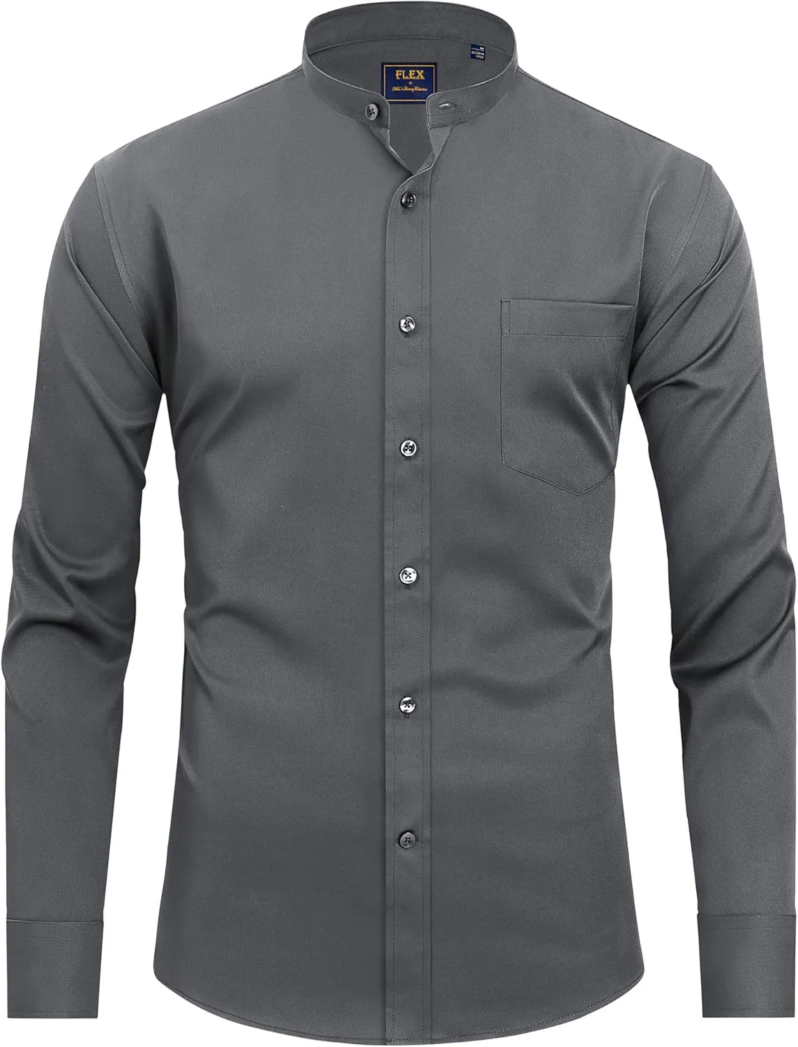 J.VER Mens Banded Collar Dress Shirts Long Sleeve Button Down Mandarin Collar Shirt Solid Stretch Shirt with Pocket