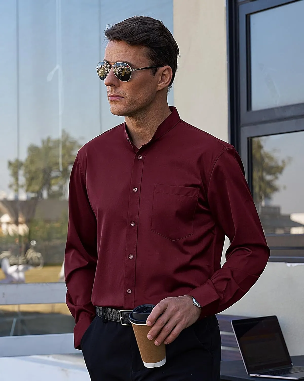 J.VER Mens Banded Collar Dress Shirts Long Sleeve Button Down Mandarin Collar Shirt Solid Stretch Shirt with Pocket