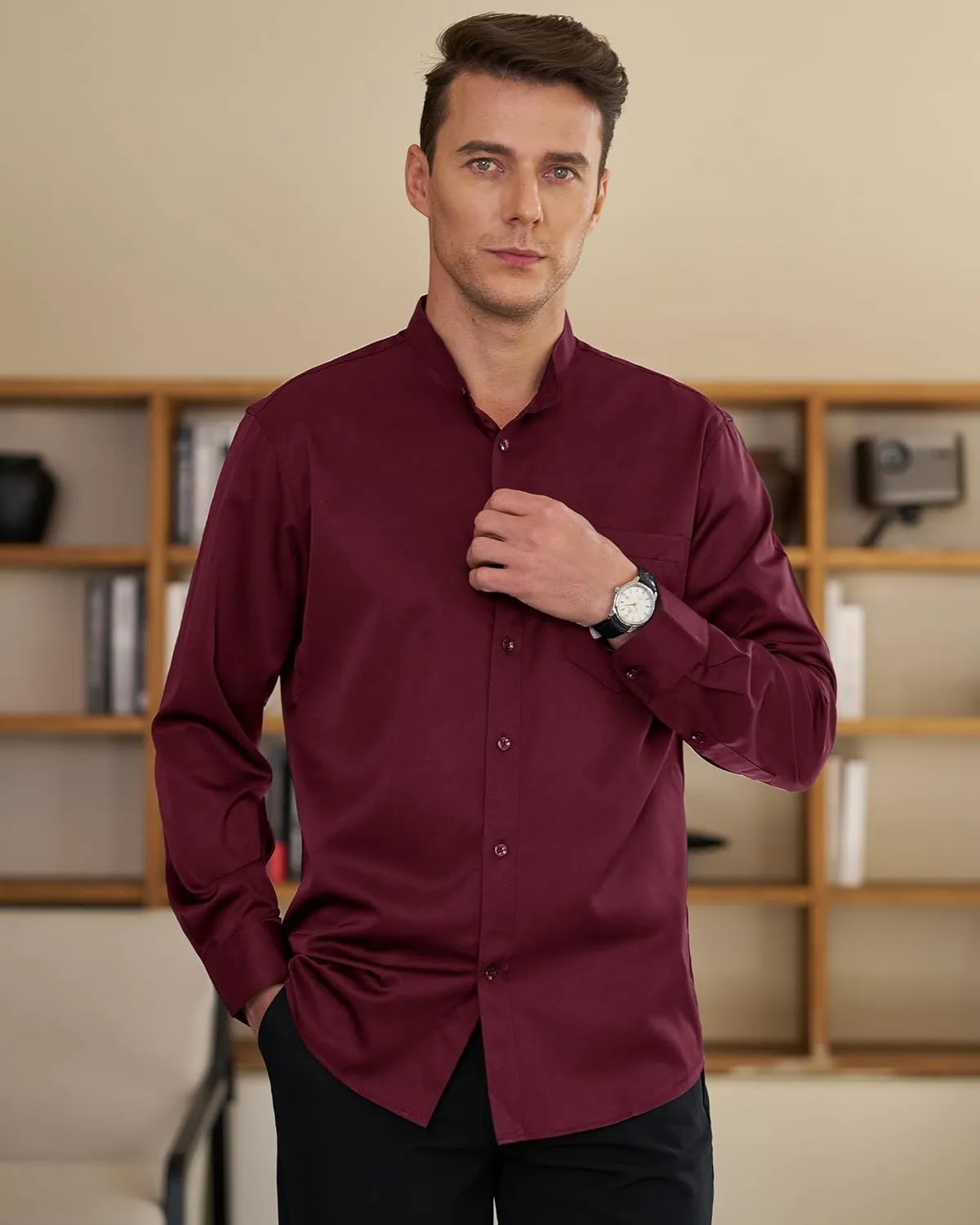 J.VER Mens Banded Collar Dress Shirts Long Sleeve Button Down Mandarin Collar Shirt Solid Stretch Shirt with Pocket