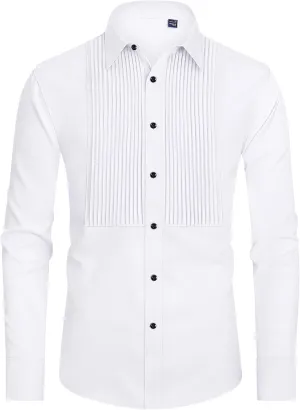 J.VER Men's Tuxedo Shirt Formal Dress Shirt Pleated Long Sleeve Button Down Shirts for Prom Party Wedding