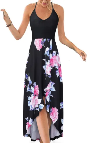 KILIG Women's V Neck Sleeveless Casual Summer Sundresses Asymmetrical Patchwork Floral Maxi Dresses