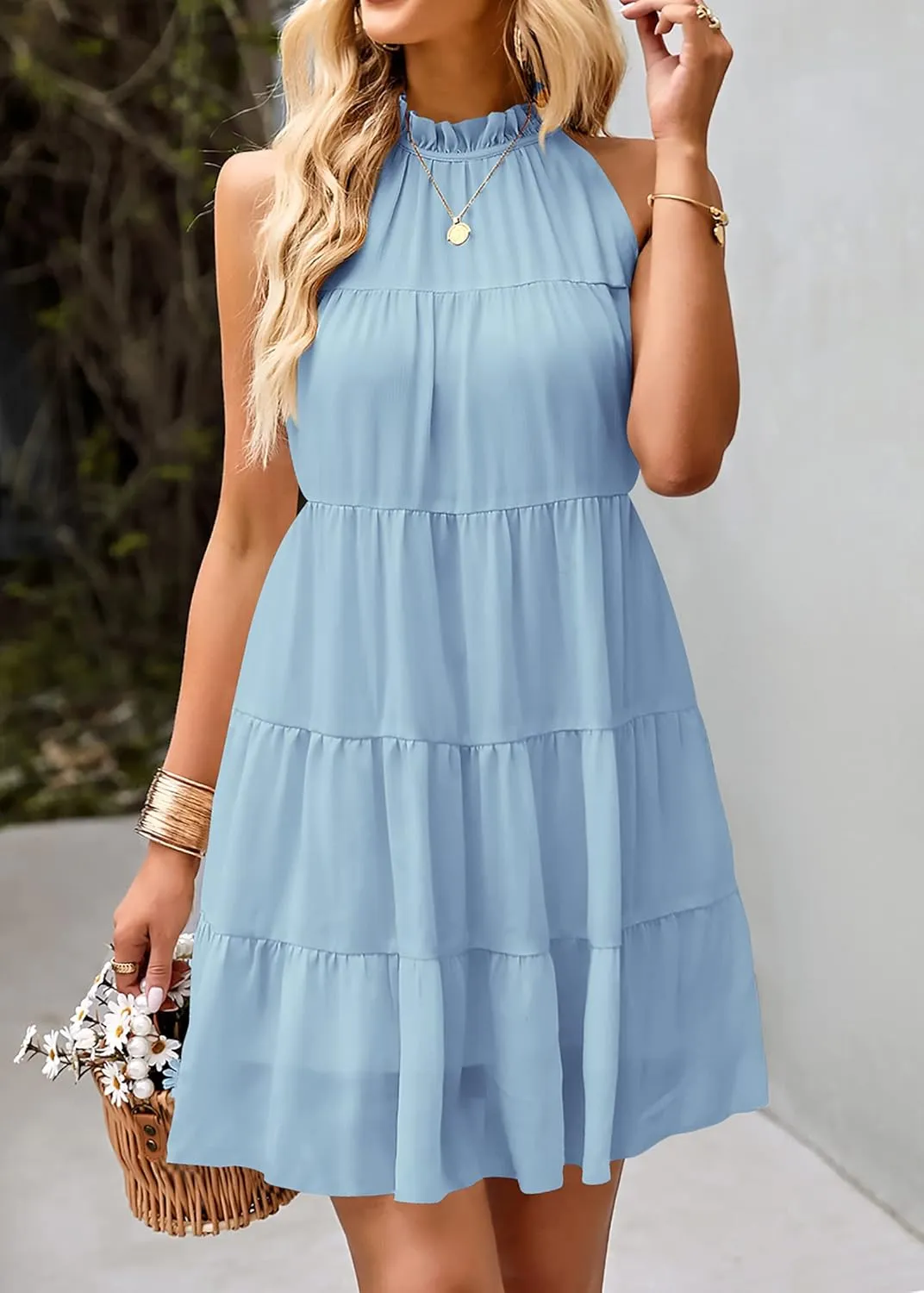 KIRUNDO Womens Summer Dresses 2025 Casual Halter Sundress Sleeveless Flowy Mini Babydoll Tiered Pleated Beach Dress