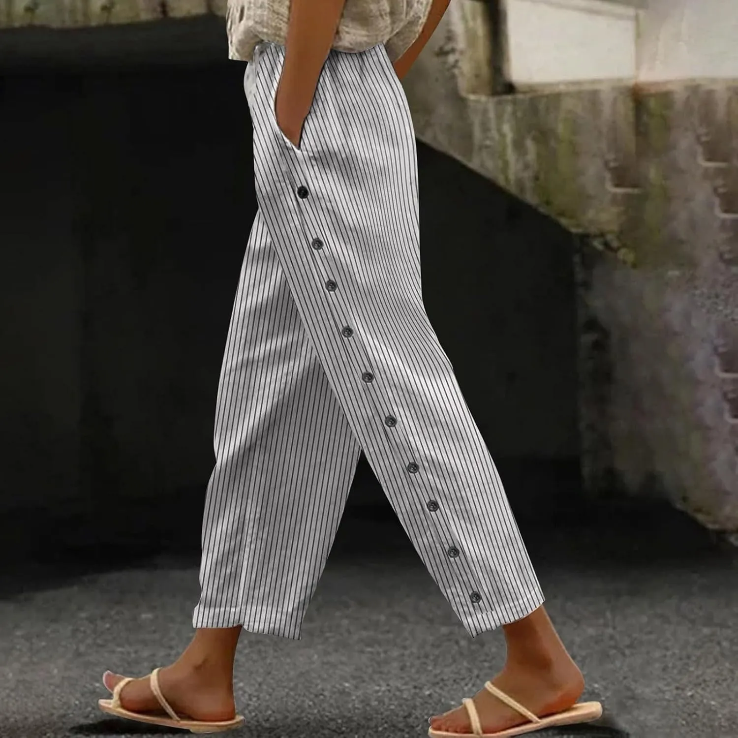 KKONION Women's Linen Pants Gauze Pant : Baggy Sweatpants Side Button Trousers Casual Comfy Work Pantsuit with Pocket