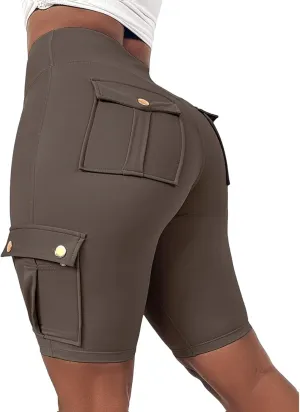 Kubbon Womens Workout Shorts High Waist Butt Lifting Yoga Shorts Tummy Control Leggings Gym Biker Cargo Shorts Flap Pockets