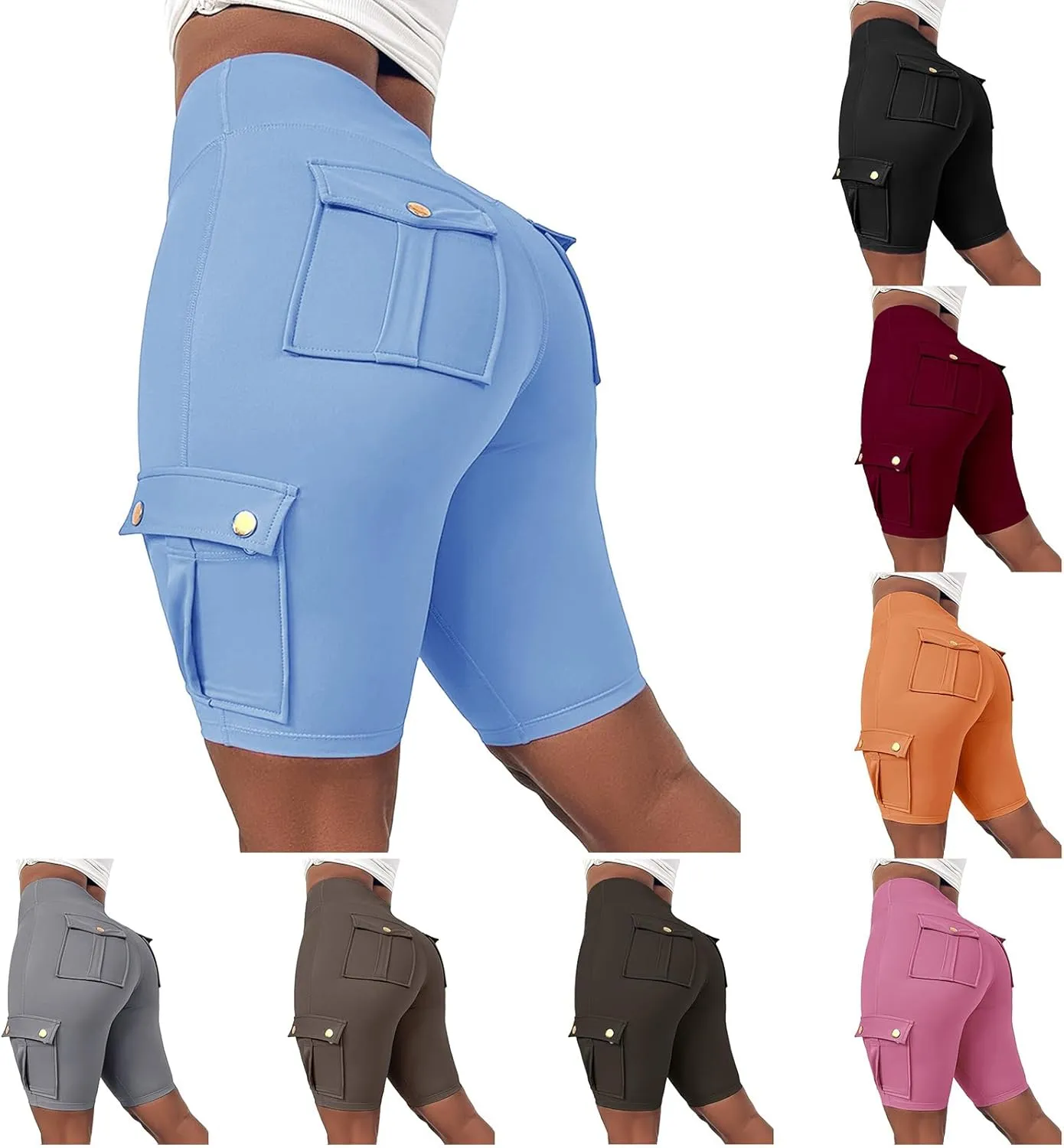 Kubbon Womens Workout Shorts High Waist Butt Lifting Yoga Shorts Tummy Control Leggings Gym Biker Cargo Shorts Flap Pockets