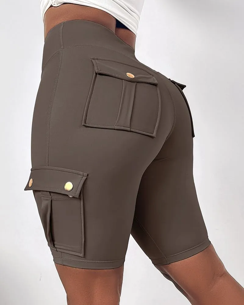 Kubbon Womens Workout Shorts High Waist Butt Lifting Yoga Shorts Tummy Control Leggings Gym Biker Cargo Shorts Flap Pockets