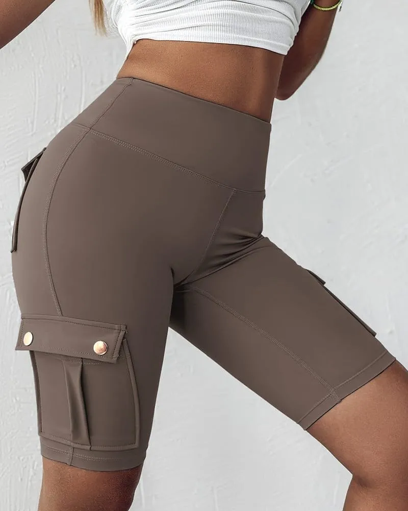 Kubbon Womens Workout Shorts High Waist Butt Lifting Yoga Shorts Tummy Control Leggings Gym Biker Cargo Shorts Flap Pockets