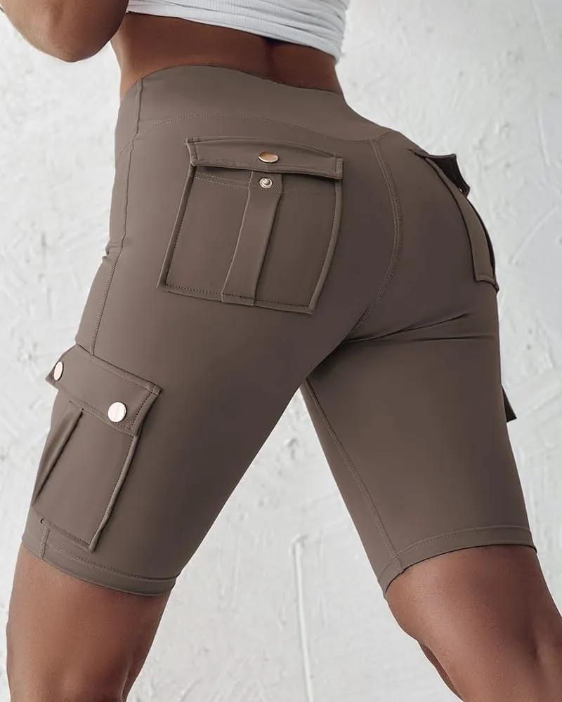 Kubbon Womens Workout Shorts High Waist Butt Lifting Yoga Shorts Tummy Control Leggings Gym Biker Cargo Shorts Flap Pockets