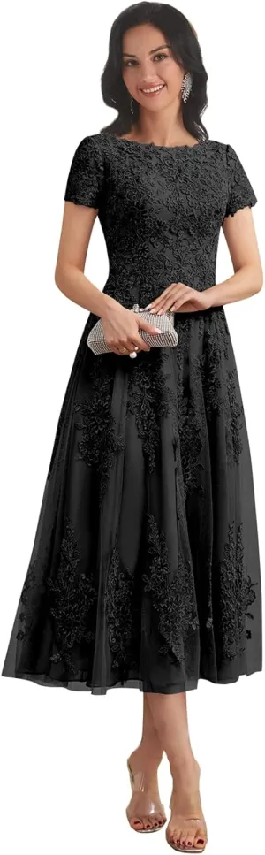 Lace Applique Tulle Mother of The Bride Dresses for Wedding Tea Length Formal Evening Gown with Sleeves