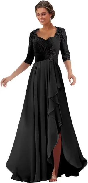 Lace Appliques Mother of The Bride Dresses for Wedding 1/2 Sleeves Chiffon Long Formal Dress Evening Gown