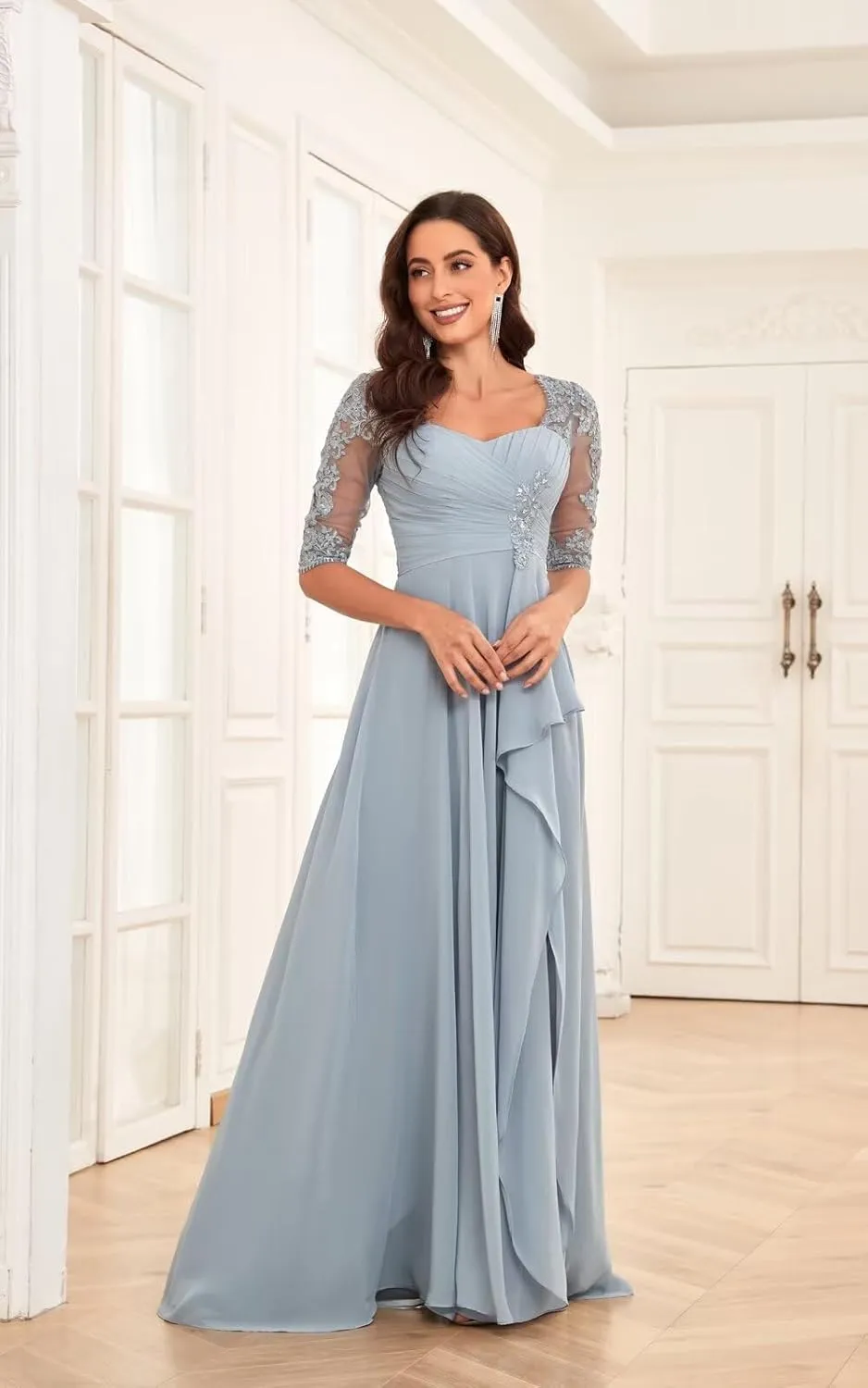 Lace Appliques Mother of The Bride Dresses for Wedding 1/2 Sleeves Chiffon Long Formal Dress Evening Gown