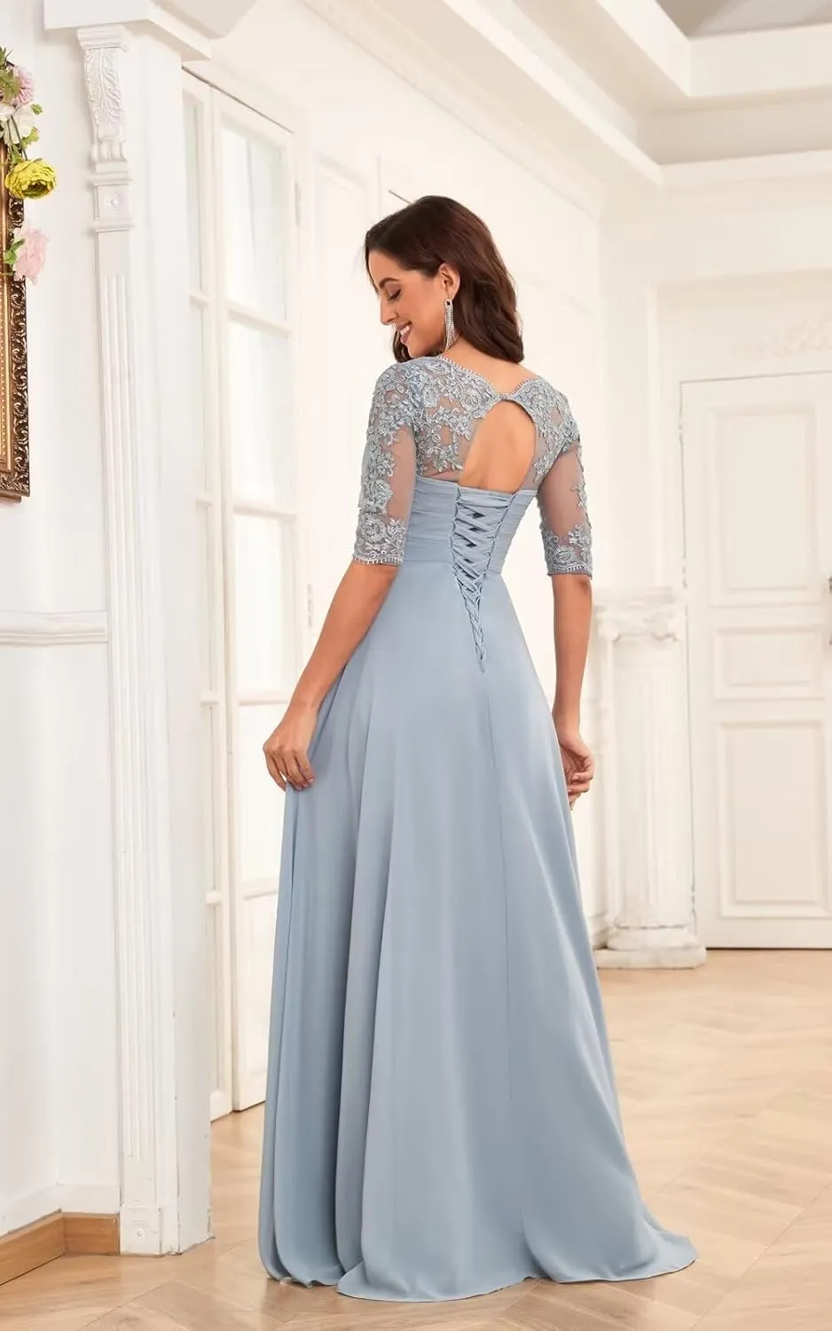 Lace Appliques Mother of The Bride Dresses for Wedding 1/2 Sleeves Chiffon Long Formal Dress Evening Gown