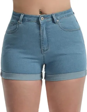 Laeyzuo Women's High Waisted Stretch Jean Shorts Foldead Hem Fashion Denim Shorts