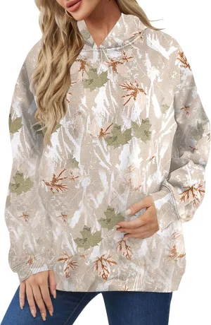 Lauweion Womens Oversized Camo Hoodie Maple Leaf Graphic Hooded Sweatshirt Trendy Long Sleeve Fleece Camouflage Hoodie