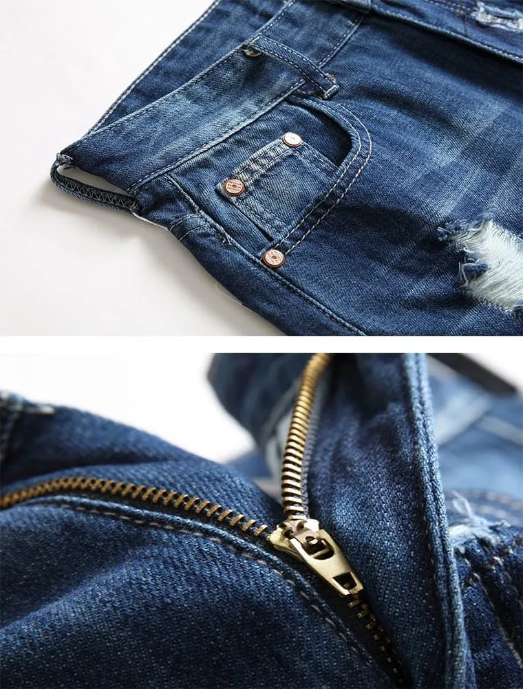 Lavnis Men's Moto Biker Jeans Shorts Ripped Distressed Denim Shorts with Broken Hole