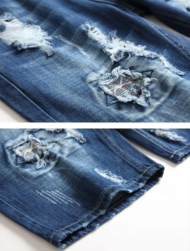 Lavnis Men's Moto Biker Jeans Shorts Ripped Distressed Denim Shorts with Broken Hole