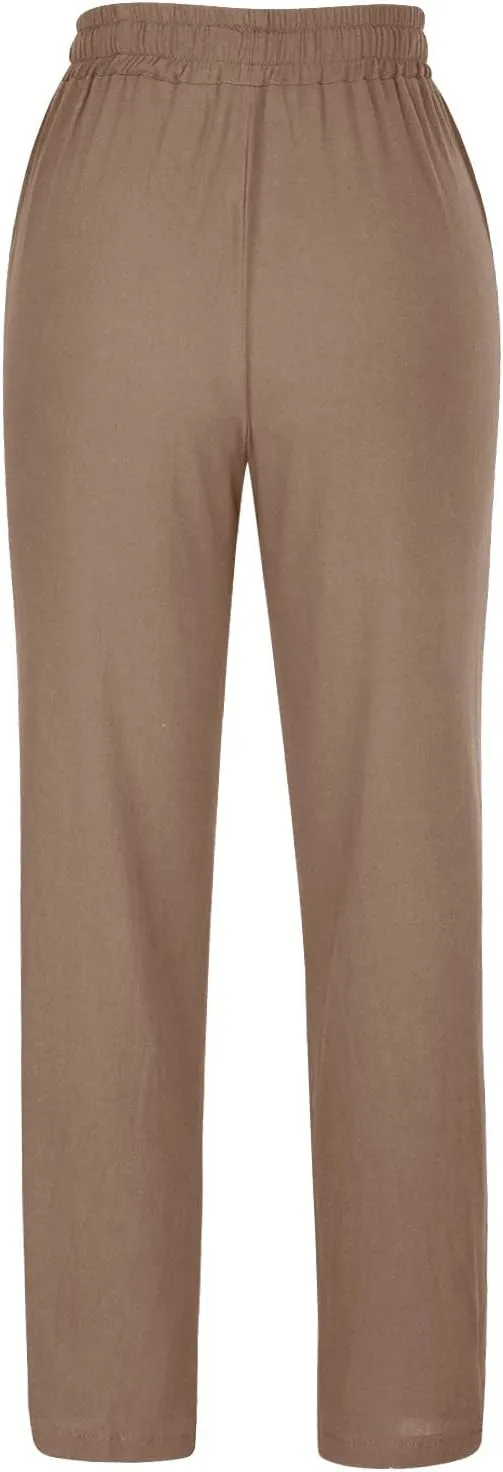 Linen Blend Pants for Women Plus Size Straight Leg Lounge Pants Elastic Waist Trousers Drawstring Vacation Pants