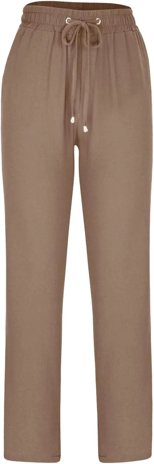 Linen Blend Pants for Women Plus Size Straight Leg Lounge Pants Elastic Waist Trousers Drawstring Vacation Pants