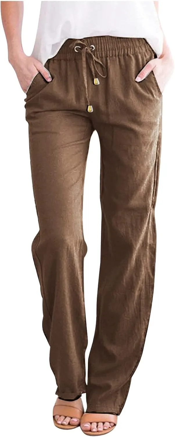Linen Blend Pants for Women Plus Size Straight Leg Lounge Pants Elastic Waist Trousers Drawstring Vacation Pants